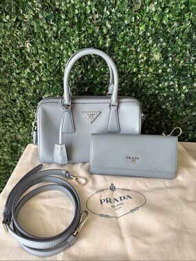 Prada Light Blue Saffiano Leather Small Satchel with Strap Bundle with Wallet